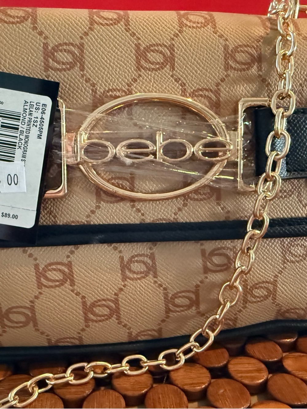 bebe Beige Tan Monogram Chain Shoulder Bag with Gold Hardware